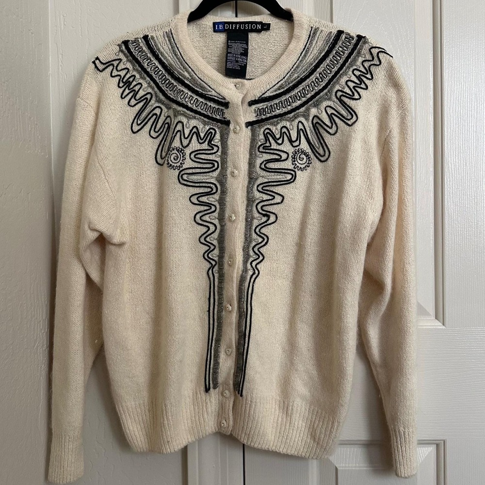 Vintage 1989 I.B.‎ Diffusion Embroidered Cream Cardigan Silk Angora Blend Large